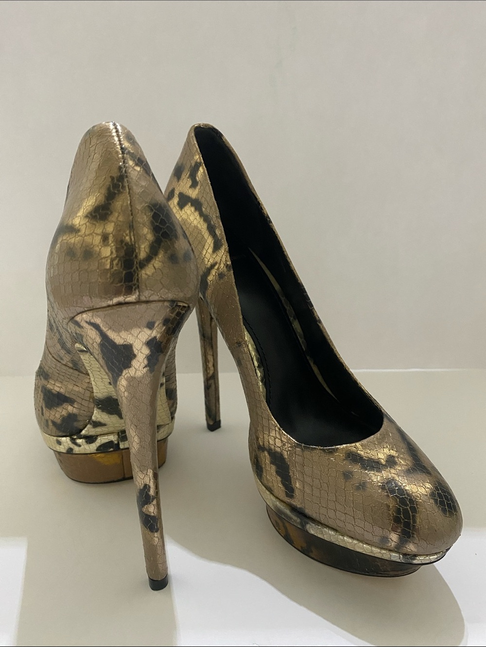 Brian Atwood Gold Python-Effect Platform Pumps